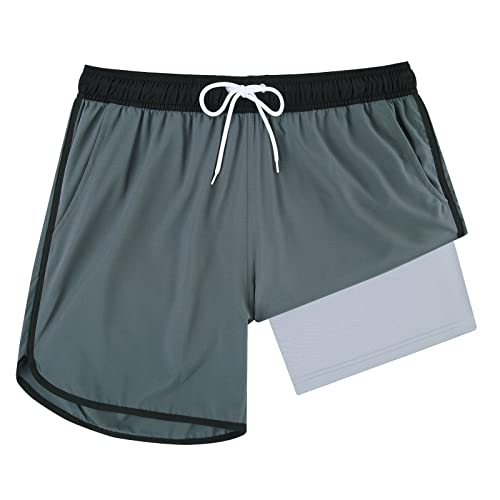 Cozople Mens Swimming Trunks 80S 90S Vintage Swim Trunk With Compression Liner 5 Inch Inseam Solid Bathing Suits,Grey,M #TOP15