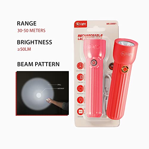 Image of Mr.Light Rechargeable LED Torch Light, USB Type-C Charging, 3 Modes (High /Low /Strobe), Up to 20 Hours Backup, Mini Lightweight Pocket Flashlight for Home, Camping, Hiking & Work (Red)