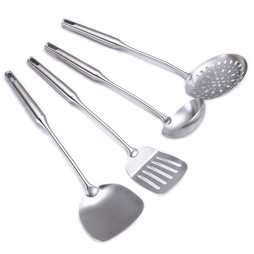 Kochutensilien-Set aus 304 Edelstahl, 4-teilig, mit extra langen Griffen, Pfannenwender, Schöpflöffel, Schlitzlöffel, Schlitzspatel, einteilige Konstruktion, ideal für Wok, Grillen und Verschenken
