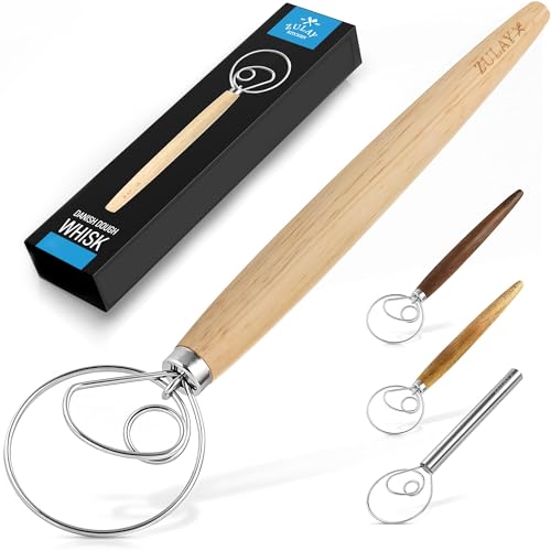 Zulay Dänischer Schneebesen 33cm Große Teigrührer Edelstahl & Holz dänischer Schneebesen - holländischer Stil Teigbesen für Brot Teig Kuchen Gebäck Danish Whisk 3-Schlaufen-Manueller Teigbesen