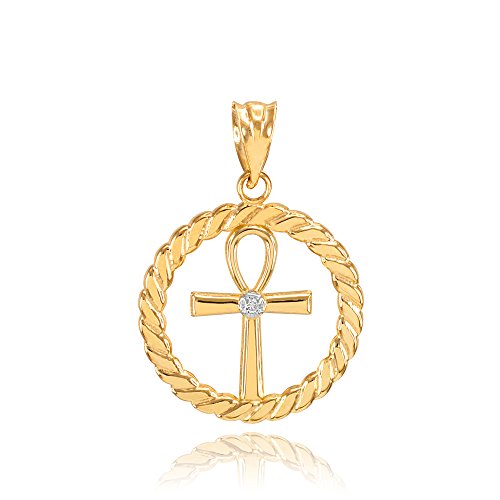 14k Yellow Gold Roped Circle Egyptian Ankh Cross with Diamond Pendant