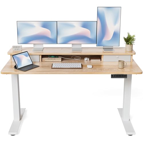 FEZIBO Electric Height Adjustable Standing Desk, 160x70cm, with Double Drawers and Storage Shelf, White Frame/Maple Top