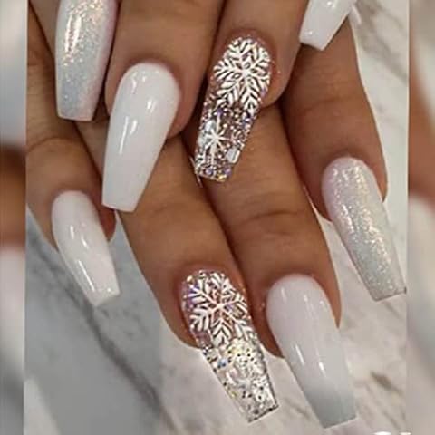Bufenia 24pcs Coffin False Nails Long Christmas Snowflake Fake Nails Glitter White Press on Nails Glossy Ballerina Acrylic Stick on Nails for Women and Girls Cover