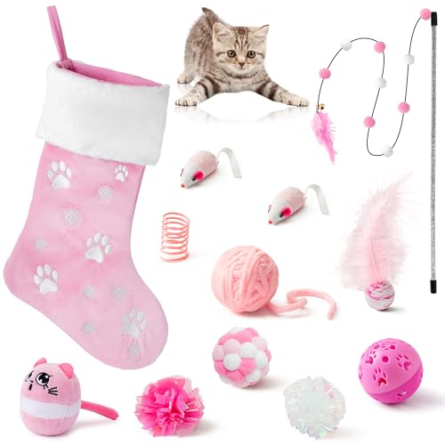MALLMALL6 Christmas Stocking Cat Toys - 12Pcs Interactive Kitty Gifts Pink Xmas Hanging Stocking Feather Teaser Wand Mice Crinkle Bells Ball Spring Toys for Indoor Kitten