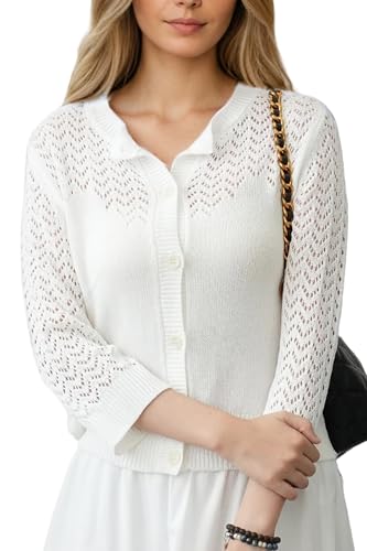 Image of Women's Lightweight Crochet Cardigan Sweater Open Front Knit Lace-Up Cover Up Casual Spring Fall Chic Outerwear Tops 23 White S