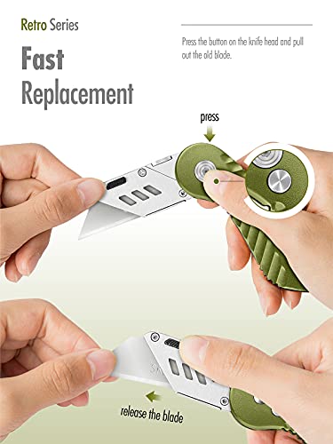 Fantasticar Folding Utility Knife, Quick Blade Change Box Cutter, Anti-Slip Metal Body, With Safety Lock And 5 Extra Blades (Retro Green) #TOP4