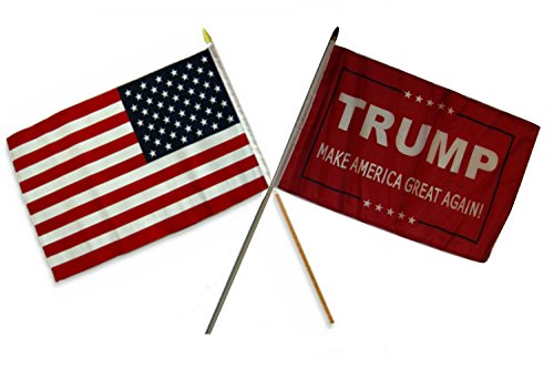 AES 12x18 12x18 Wholesale Combo USA American & President Trump Red Stick Flag