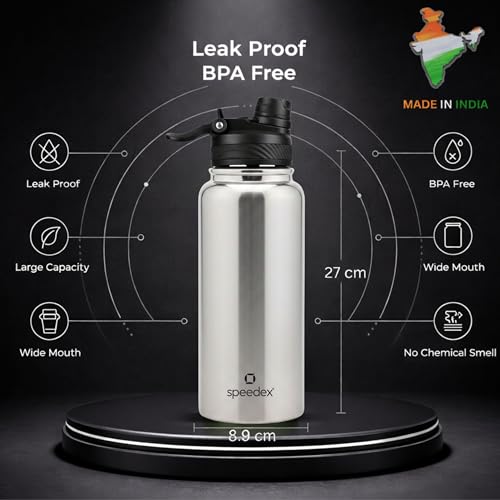 Image of Speedex Vacuum Insulated Stainless Steel Water Bottle 1 Litre (1000ml / 1L / 1 LTR) with 2-in-1 Lid (Straw & Spout), Hot & Cold Leakproof Thermosteel Travel Flask for Office, Gym & School (Silver)