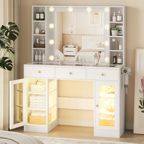 Makeup Vanity Desk with Mirror and Lights, Glass Top Vanity Table Set with Drawers & Power Outlet, Large Dressing Table with 3 Color Lighting Modes & RGB Cabinets for Women Girls Kids Bedroom, White
