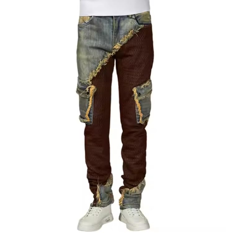 Men's Straight-Leg Mid-Rise Denim Pants with Multiple Pockets and Denim Patchwork - Casual Hip-hop Style Men's Denim Pants2