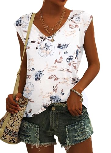 NARRAME T-Shirt d'été à Manches Courtes et col en V pour Femme - Débardeur léger et décontracté À Fleurs Blanc Grand L 42-44