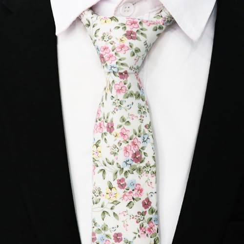 Image of Cotton Floral Ties for Men 2.76 inch Men's Skinny Tie Linen Flower Printed Neck Tie for Wedding Dating Party