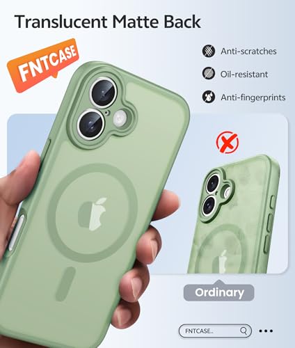 Image of FNTCASE for iPhone 16 Case: [Compatible with Magsafe] Translucent Matte Cases with [Full Camera Protection] [Screen Protector] Military Grade Shockproof Protective Phone Cover - Light Moss
