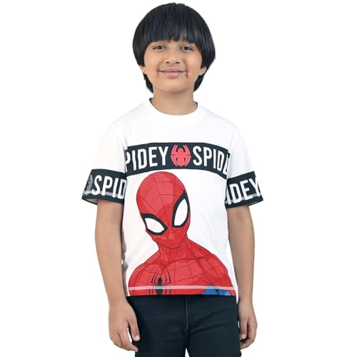 Image of Kidsville Official Marvel Avengers Spiderman Boys Half Sleeve Round Neck White Graphic Printed Cotton T-Shirts for Kid Boys