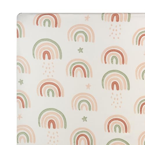 Image of Crane Baby 100% Cotton Breathable Fitted Baby and Toddler Sheet for Standard Mattress (28 X 52), Machine Washable Crib Boho Rainbow Boho Rainbow