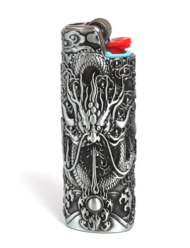 HUMWE Vintage Dragon Metal Lighter Case Cover, Engraved Sleeve Pouch for BIC Full Size Lighters