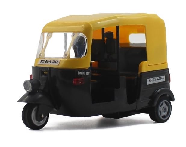 NeoKiddo Pull Back CNG Auto Rickshaw Toy for Kids | 3-Wheeler Autorickshaw Vehicle Toy with Driver | Durable Mini Auto Toy for Boys & Girls (Yellow Black)