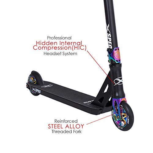 Xspec Pro Stunt Kick Scooter, Unique Oil Slick Anodized Design Trick Scooter, Matte Black Frame, Purple Rainbow Neo Chrome #TOP1
