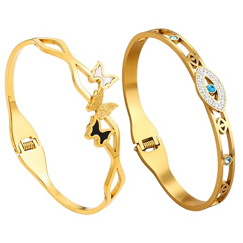 Image of Stylish Gold Plated Bangle for Women | Daily Use Stainless Steel Kada | Anti-Tarnish Waterproof Cuff | Multicolour Crystal Evil Eye | Daily Wear Bracelet For Womens | Premium Gift For Girl