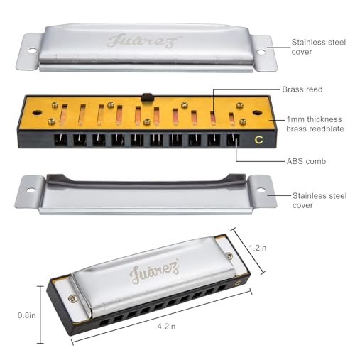 Image of Juarez Key C Diatonic Blues Harmonica 10 Hole 20 Tones with Case & Cleaning Cloth | Phosphor Bronze Reeds, ABS Comb | Mouth Organ for Beginners, Kids, Students & Professionals, Red