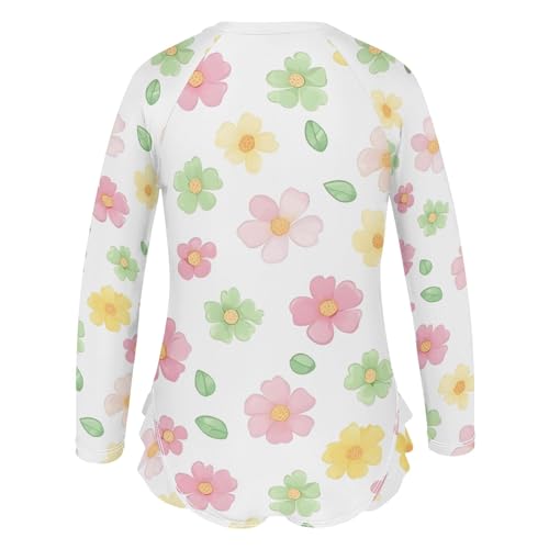 Pastel Flowers White Girls One Piece Swimsuit Rash Guard Long Sleeve Beach Swimwear 3T3