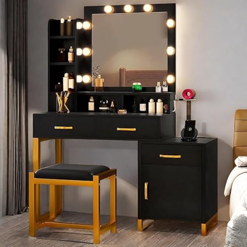YITAHOME Makeup Vanity with Mirror and LED Lights, Dressing Table Set with Power Outlet, Vanity Desk with 4 Drawers and 5 Storage Shelves, Vanity Stool, Black