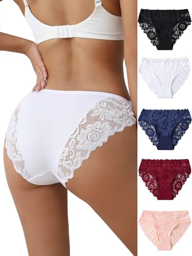 everyjoys Sexy Underwear Lace Panties for Women Bikini Underwear Hipster Underpants Lace Soft Breathe Briefs Multipack M size White 5-Pack