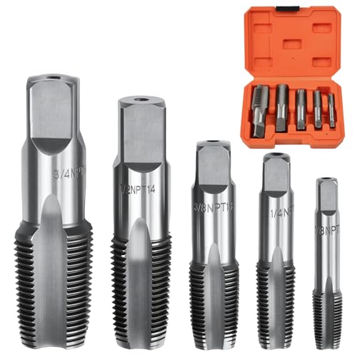 Zithgen Tarauds à Fileter | Taraud NPT | Jeu de 5 Tarauds à Tuyauterie Acier au Carbone | 1/8 1/4 3/8 1/2 3/4 | pour Filetage Gaz Plomberie Mécanique