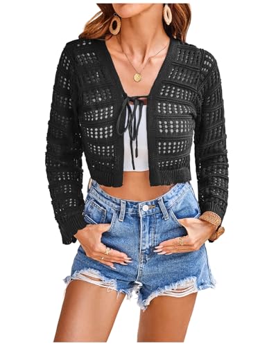 Image of GORGLITTER Women's Crochet Tie Front Tops Long Sleeve Boho Cropped Cardigan Festival Cowgirl Outfits