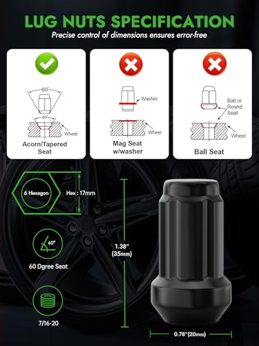 Image of AUTOPTIM 7 /16-20 Spline Lug Nuts - 20 Pcs Black Closed End Nuts with Socket | Replacement for 1964-1983 Chevy Malibu, 1967-1981 Camaro, 1969-1972 Blazer, 1958-1970 Impala, 6 Point Aftermarket Wheel Nuts