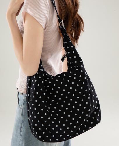 Polka Dot Shoulder Bag for Women Bow Tie Canvas Hobo Handbags Purse Large Satchel for Travel Work3