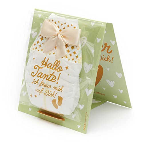 GOLDPRINTZ Tarjeta postal plegable de pañal I Hallo Tante I Du wirst Tante I Pañal impreso I Anuncio de embarazo
