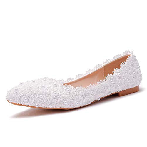 Comfortable Women Flats Handmade White Lace Bridal Ballet Flats Closed Toe Shoes Bride Wedding Shoes