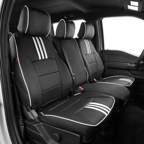 EKR F150 Seat Covers Custom Fit for (SuperCab) Ford F-150 STX 2024-2026 & F150 XL/XLT 2021-2026 & Lariat 2021-2022 Full Set,(2DR Rear W/NO Armrest) -Faux Leather(Black with White Trim)