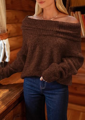 PRETTYGARDEN Women's Off The Shoulder Sweater Long Sleeve Tops 2025 Fall Loose Knit Pullover Sweaters Winter Clothes