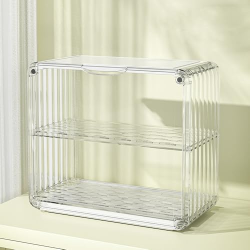 Sariny ミニ食器棚 食器棚 台所収納 2段 卓上キッチン 収納棚 キャビネット アクリル扉付き 収納便利 ひとり暮らし用 食器収納 オシャレ 大容量 防塵 組み立て式 多機能 整理用品 スリム 可動棚 カウンター上収納 ミニ カップ収納棚 (透明色,