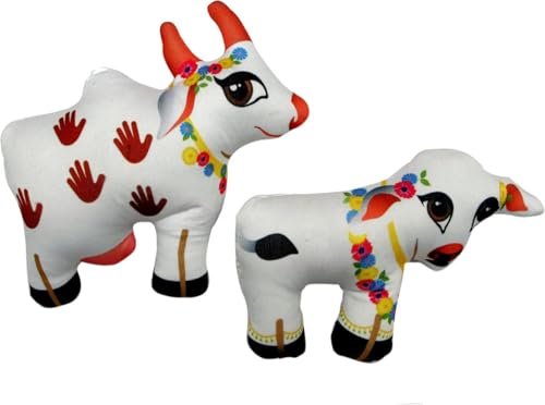 Image of Radha Krishna with Cow and Calf Stuffed Toy Set - Soft Plush Dolls for Kids & Toddlers | Devotional God Toys for Babies | Shri Radhe Krishna Toy Set