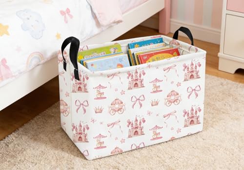Image of Essme Rectangular Pink Baskets,Girls Storage Box,Cute Basket for Kids with Handles for Room Decor, Book Bins,Shelf Basket.(Castle)