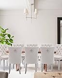 VICBARLEY Velvet Dining Chair Set of 8 Upholstered Tufted Dining Room Chair with Nailhead Trim and Stainless Steel Silver Plated Legs for Kitchen, Restaurant, Beige