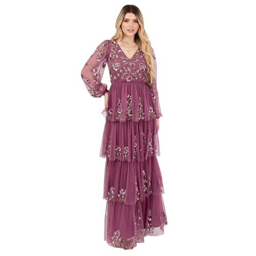 Robe longue femme col V manches longues avec sequins floraux et jupe trapèze en tulle