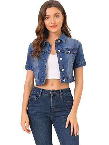 Veste en jean décontractée à manches courtes pour femme en bleu Large