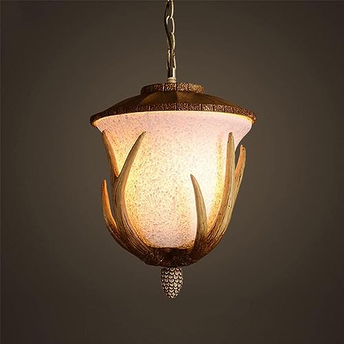 Lustre en bois de cerf et verre pour cuisine de ferme vintage