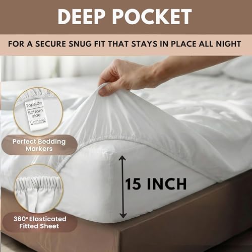 Image of Egyptian Cotton Sheets King Size Sheets Set, 400 Thread Count Sateen Weave Hotel Collection King Sheet Set, Fully Elasticated 15 inch Deep Fitted Sheet & Pillowcase Sets, Soft & Breathable White Bedding