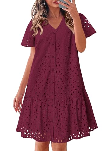 Image of KIRUNDO Eyelet Dresses for Women Button Down Mini Babydoll