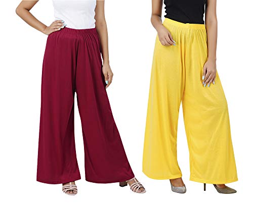 Image of Buy That Trendz M to 4XL Cotton Viscose Loose Fit Flared Wide Leg Palazzo Pants for Women Maroon Yellow Combo Pack of 2