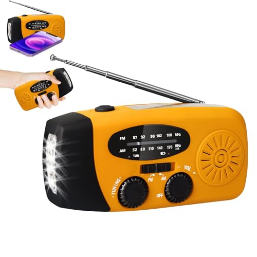Wind up Solar Radio, Solar Emergency Hand Crank Weather Radio,Portable Hand Crank Radio, AM/FM Radio with LED Torch, Rechargeable Power Bank, SOS Alarm, USB Phone Charger, For Camping Hiking (Orange)