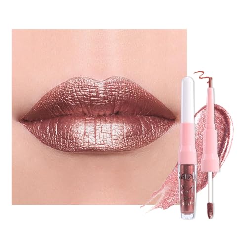 Image of evpct Dark Bronze Metallic Shimmer Lip Liner and Lipstick Combo Lip Gloss Stains Set Makeup for Women Long Lasting Waterproof 24, Iced Mocha Frosted Metallic Glitter Glossy iridescent Liquid Lipstick