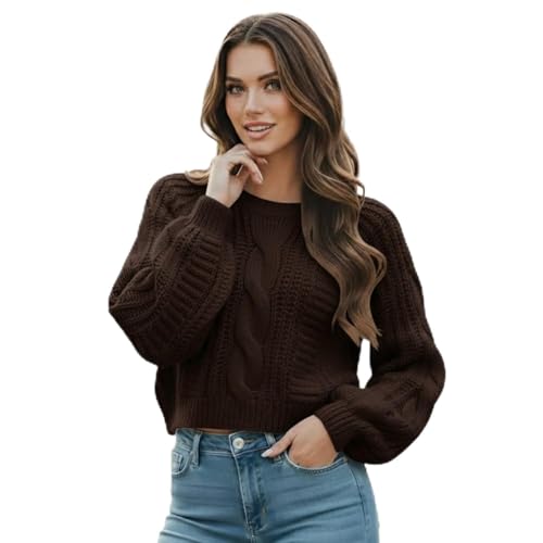 Grewear Womens Cropped Cable Knit Sweater Soft Long Sleeve Crewneck Pullover Casual Cozy Knit Top for Fall Winter Outfits Gift for Women Dark Brown-XS