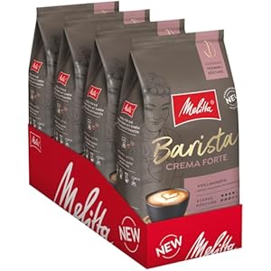 Melitta Barista Classic Crema Forte Lot de 4 paquets de grains de café entiers non moulus pour machine à café entièrement automatique, torréfaction puissante, force 4, dans un plateau