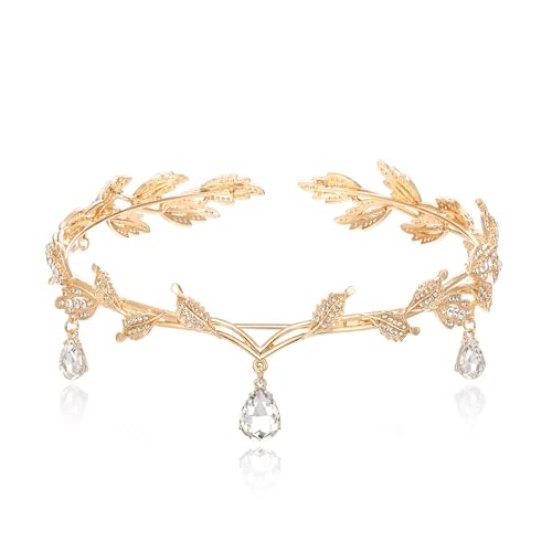 SHUOHONG Elfen Kopfschmuck, Prinzessin Kristall Elfenkrone, Vintage Strass Diademe Stirnband, Waldfee Kopfschmuck, Kopfband der Frau Blumen und Blätter Krone Haarband für Braut Brautjungfern (Gold)
